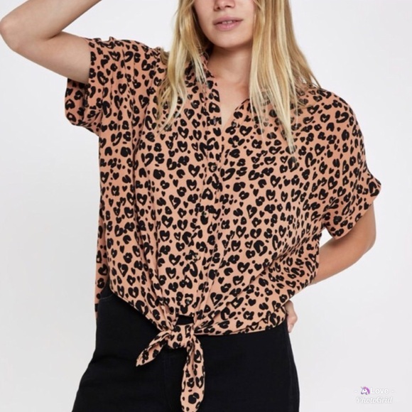 Tops - Leopard Print Tie-Front Blouse
